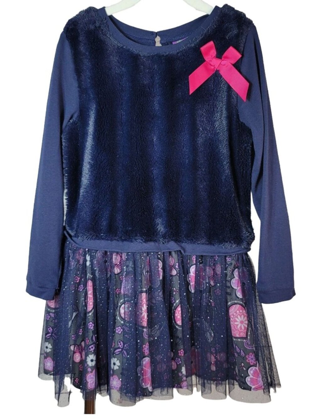 Dollie & Me Girls Tutu Dress Blue Size 7 Bow Long Sleeve Floral Tulle Faux Fur